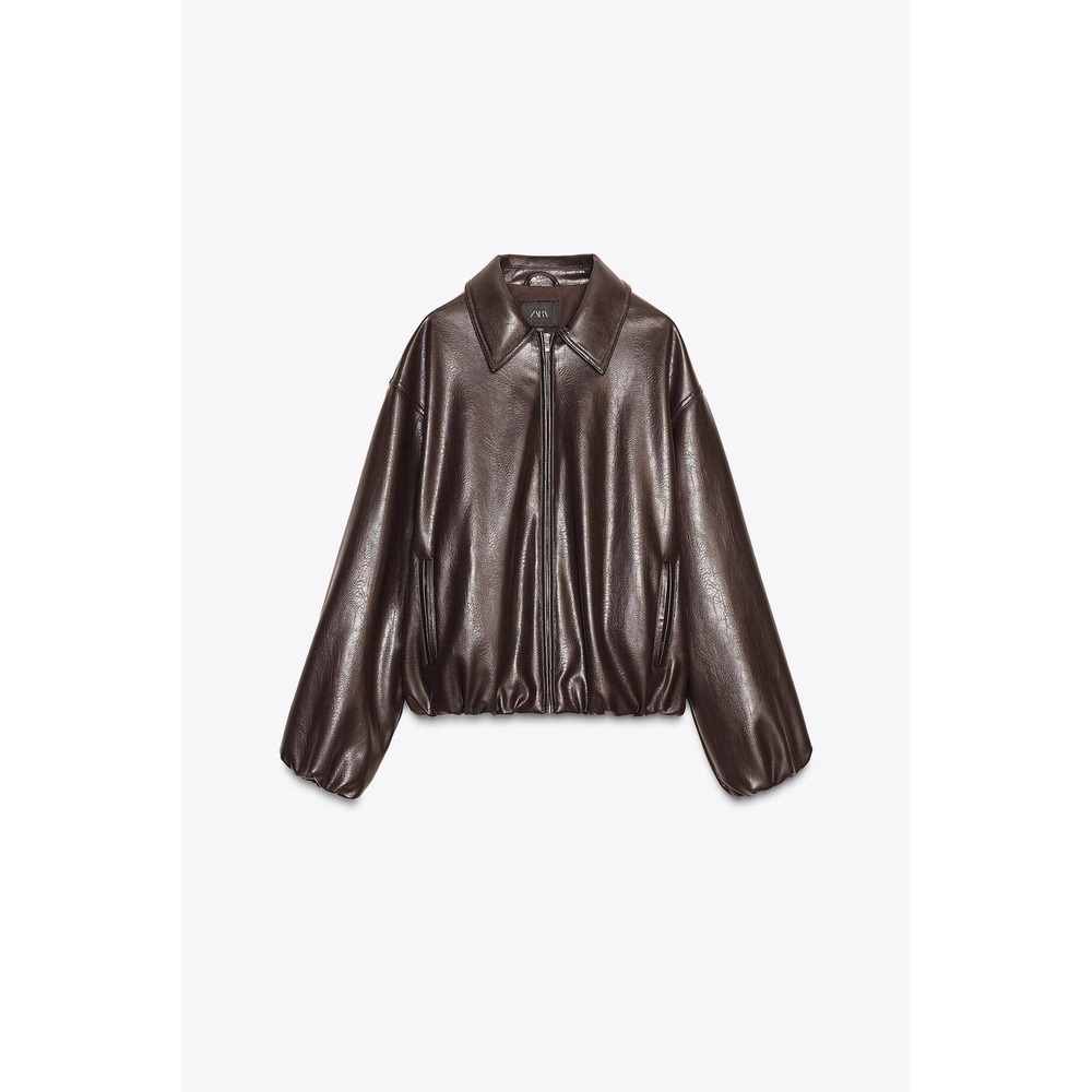 Zara Faux Leather Bomber Jacket Brown Oversized Boxy Zip Up S Cool Girl Fall S